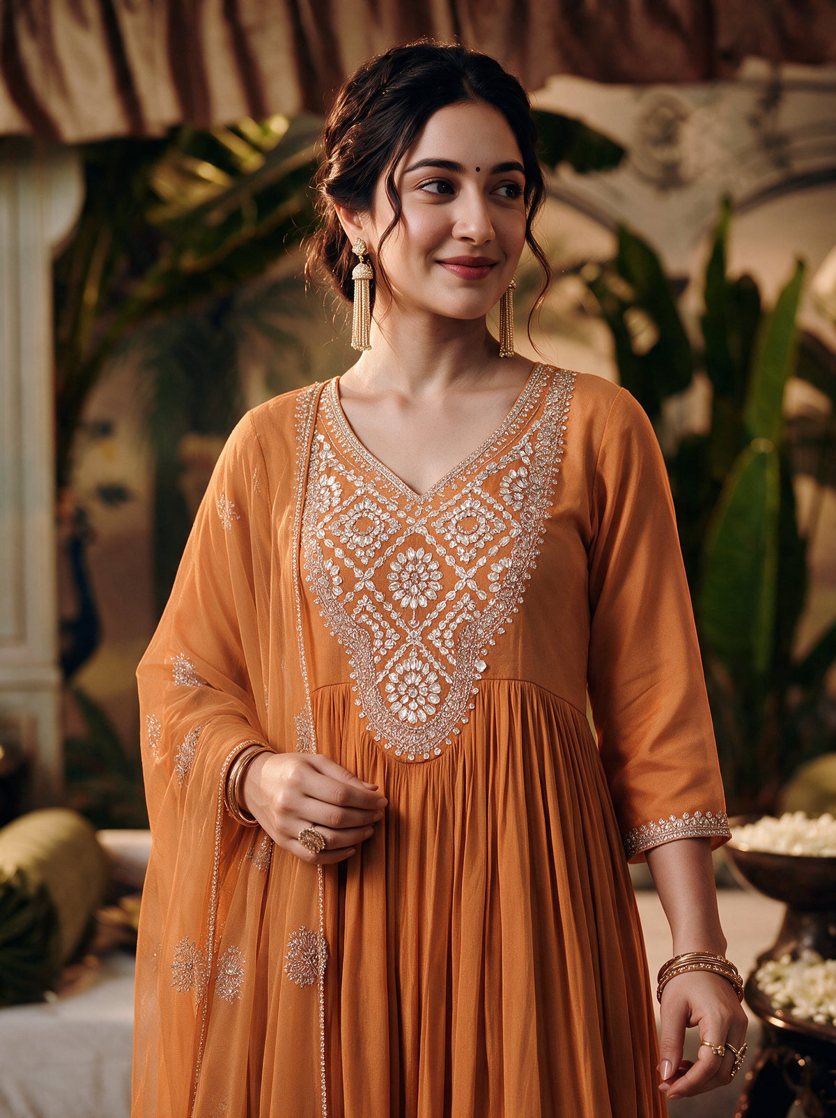Juniper Women Orange Kurta Pant & Dupatta