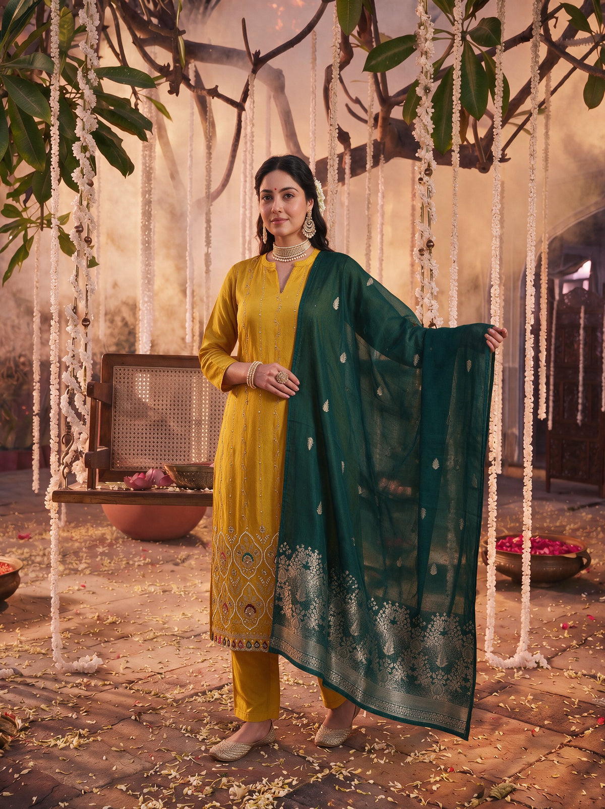 Juniper Women Mustard Kurta Pant & Dupatta