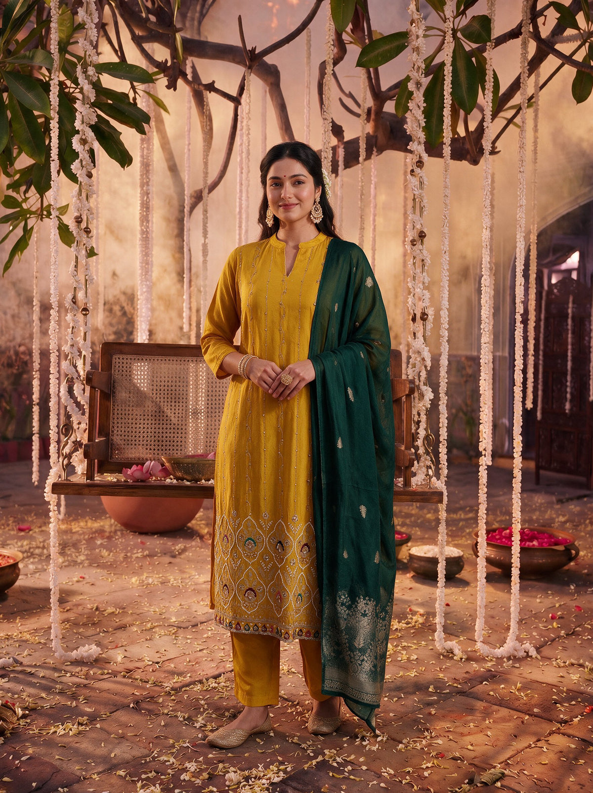 Juniper Women Mustard Kurta Pant & Dupatta