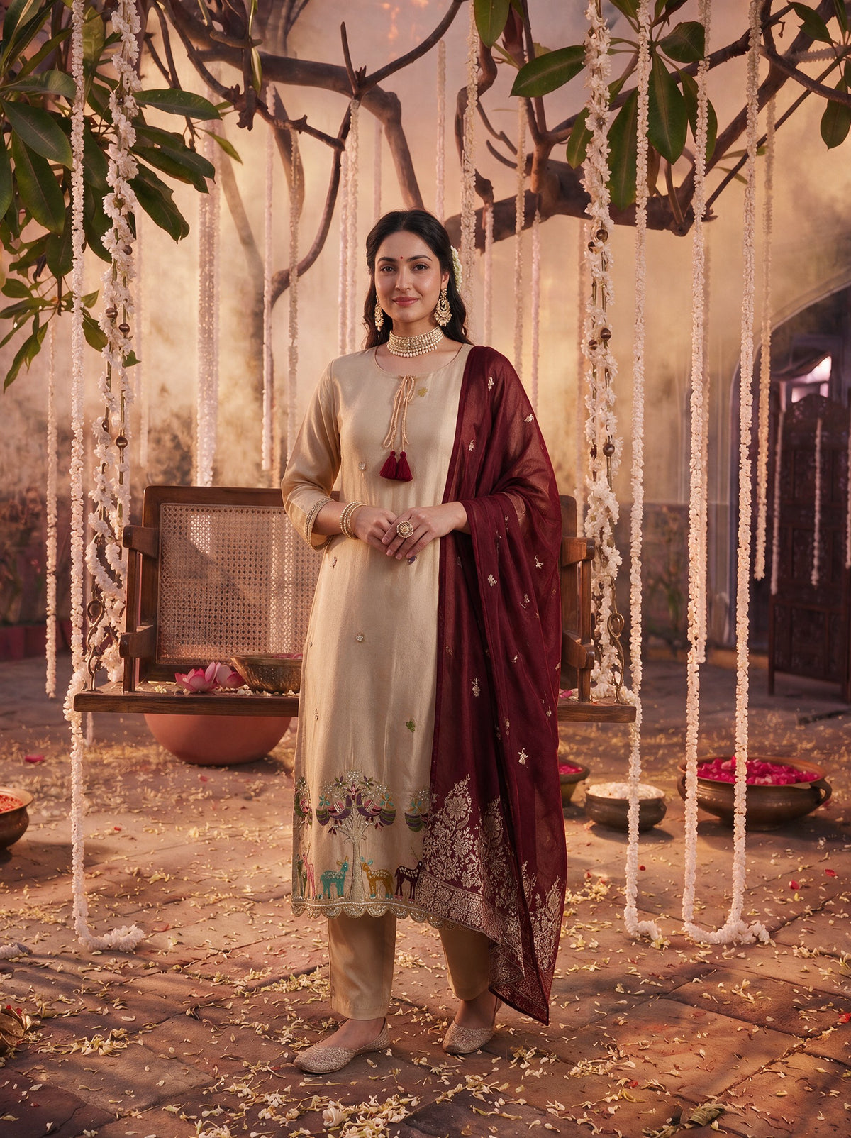 Juniper Women Ivory Kurta Pant & Dupatta