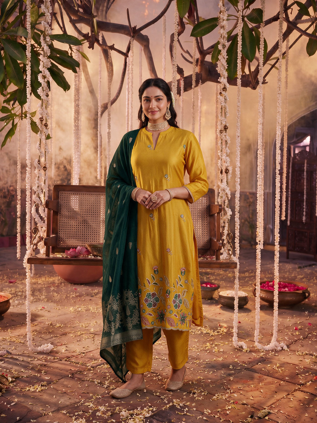 Juniper Women Mustard Kurta Pant & Dupatta
