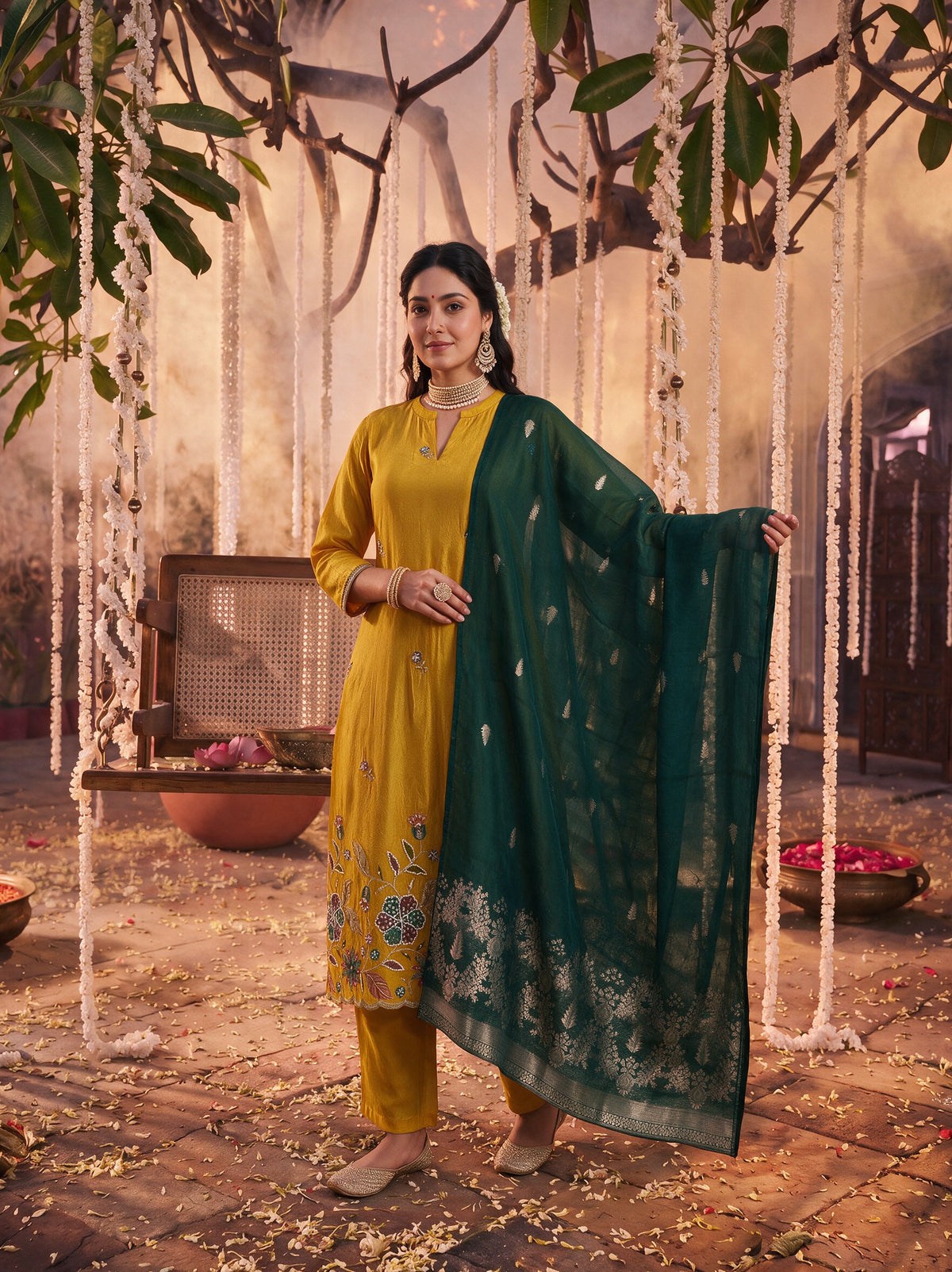 Juniper Women Mustard Kurta Pant & Dupatta
